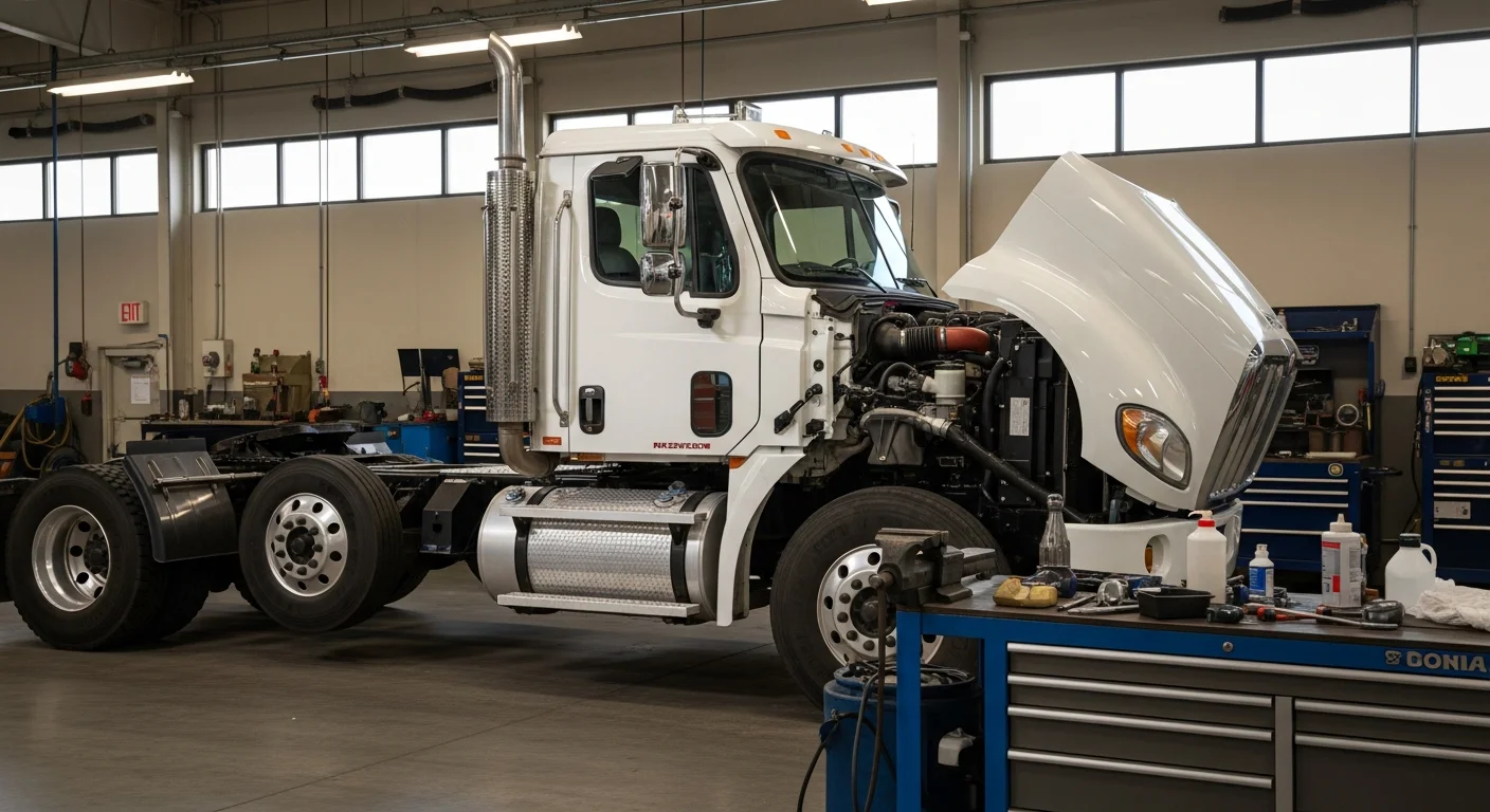 Semi truck with hood open in a repair shop