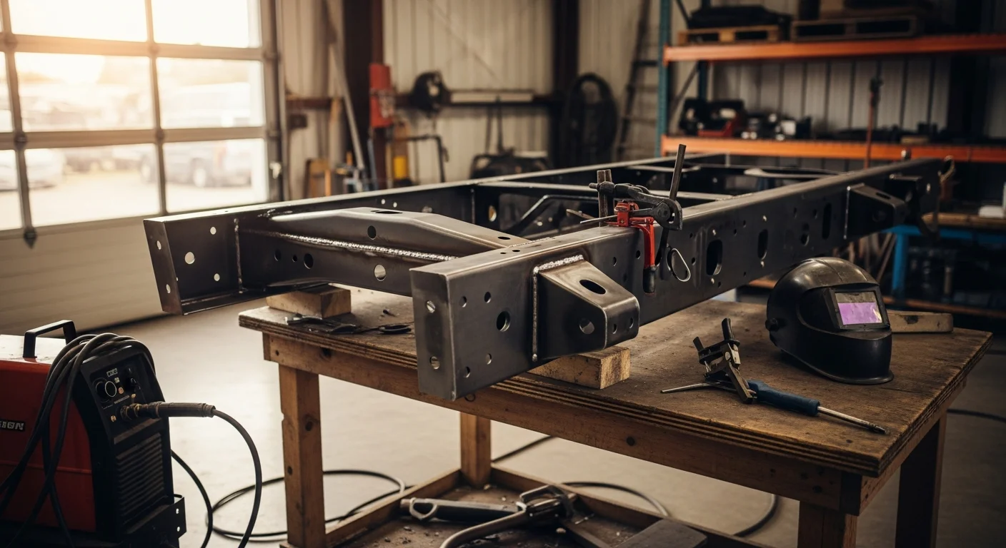 Steel truck frame section on a welding bench